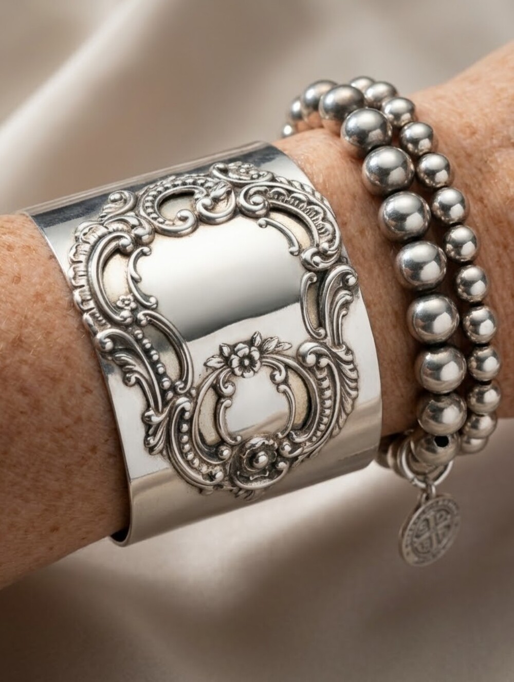 Silver Ornate Cuff Bracelet - Silver